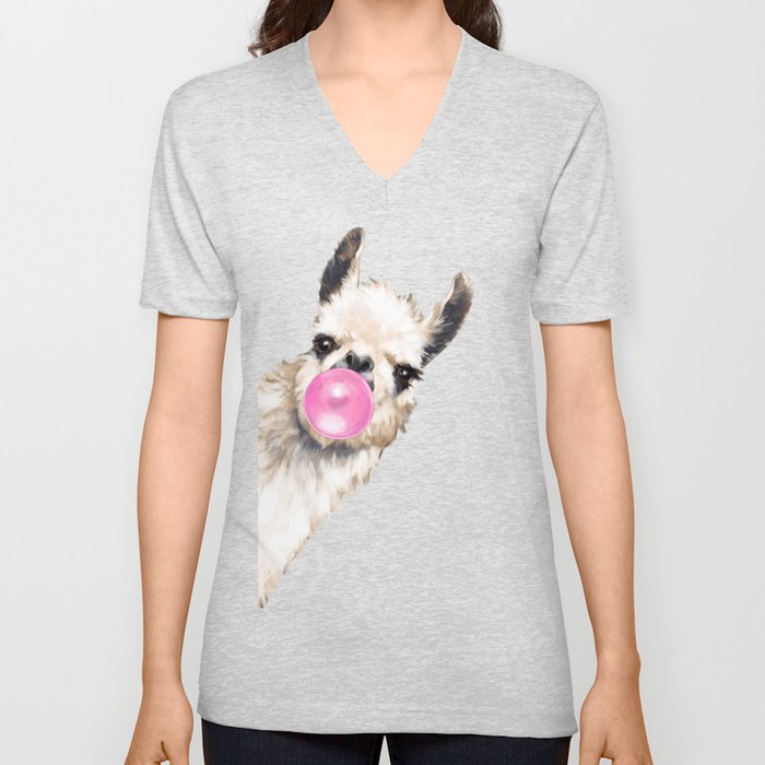 Bubble Gum Sneaky Llama in Green V Neck T Shirt