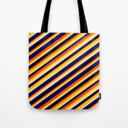 [ Thumbnail: Eye-catching Red, Yellow, Beige, Blue & Black Colored Striped Pattern Tote Bag ]
