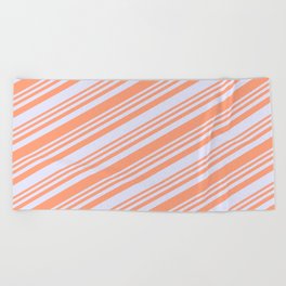 [ Thumbnail: Light Salmon and Lavender Colored Lined/Striped Pattern Beach Towel ]