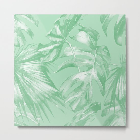 Tropics Mint Green Palm Leaves Metal Print