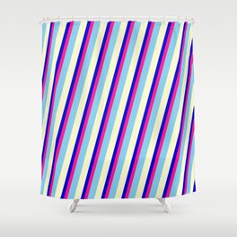 [ Thumbnail: Blue, Deep Pink, Sky Blue, and Light Yellow Colored Stripes/Lines Pattern Shower Curtain ]