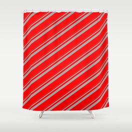 [ Thumbnail: Dark Grey and Red Colored Lined Pattern Shower Curtain ]