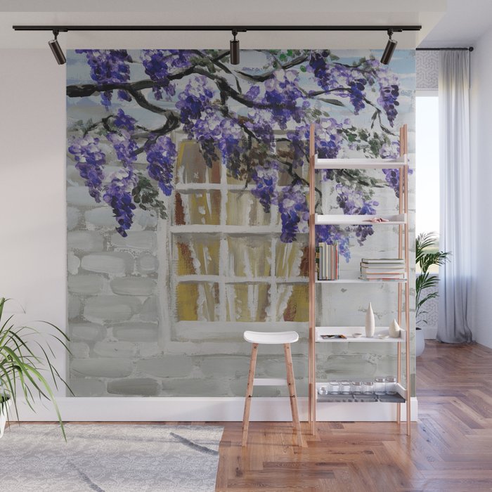 rustic country style white brick wall window purple wisteria flower Wall Mural