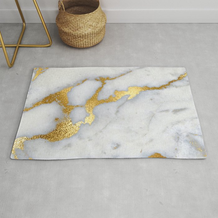 White and Gray Marble and Gold Metal foil Glitter Effect Rug