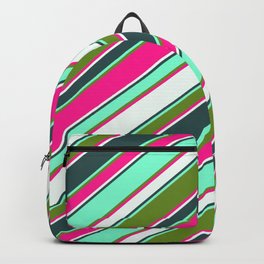 [ Thumbnail: Vibrant Deep Pink, Mint Cream, Dark Slate Gray, Aquamarine, and Green Colored Lines/Stripes Pattern Backpack ]