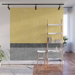 Yellow Grey and Black Section Stripe and Graphic Burlap Print Wall Mural