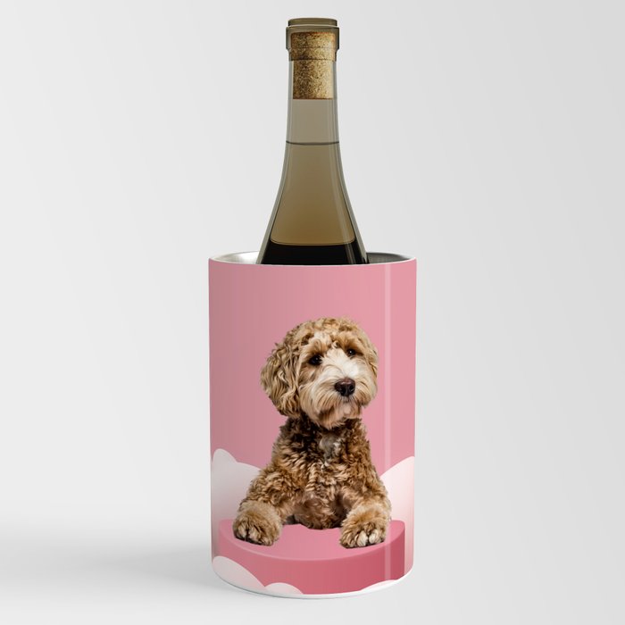 Goldendoodle Laying on Pastel Pink Podium with Cloud Wine Chiller