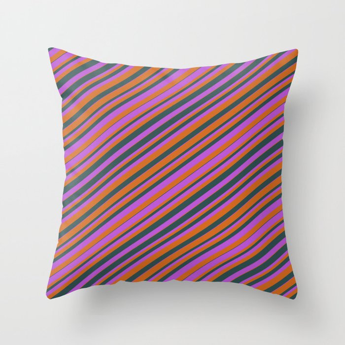 Chocolate, Dark Slate Gray, and Orchid Colored Striped Pattern Throw Pillow