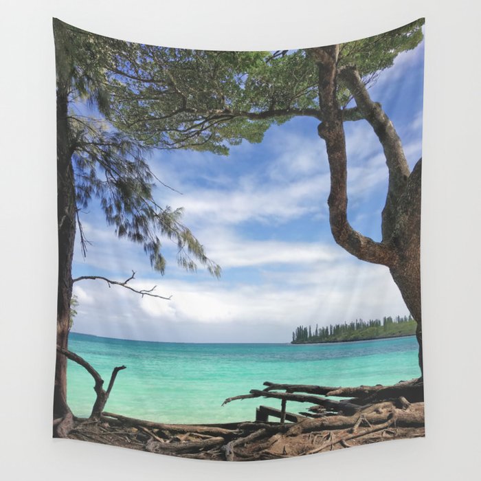 TREE FRAMED PARADISE BEACH - New Caledonia Pine Island Wall Tapestry