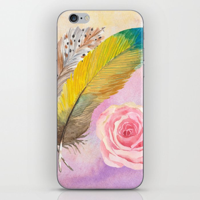 Watercolour Pink Rose with Colourful Feathers iPhone Skin
