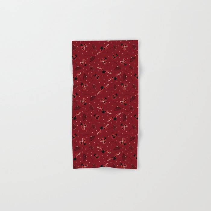 Seamless pattern with ladybugs and dried flowers on a burgundy background Hand & Bath Towel