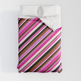 [ Thumbnail: Vibrant Brown, Violet, Deep Pink, White, and Black Colored Striped Pattern Comforter ]
