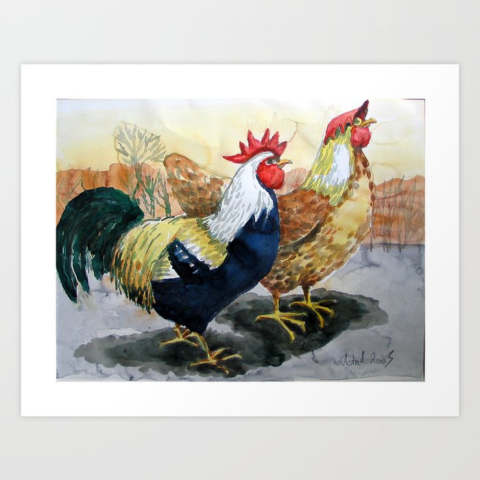 Rooster and Hen Art Print
