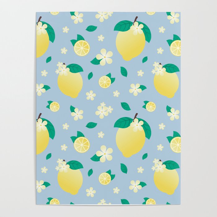 Lemon Flower Pattern // Blue Citrus Fruit Pattern Poster