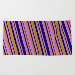 [ Thumbnail: Dark Goldenrod, Orchid, and Blue Colored Striped/Lined Pattern Beach Towel ]