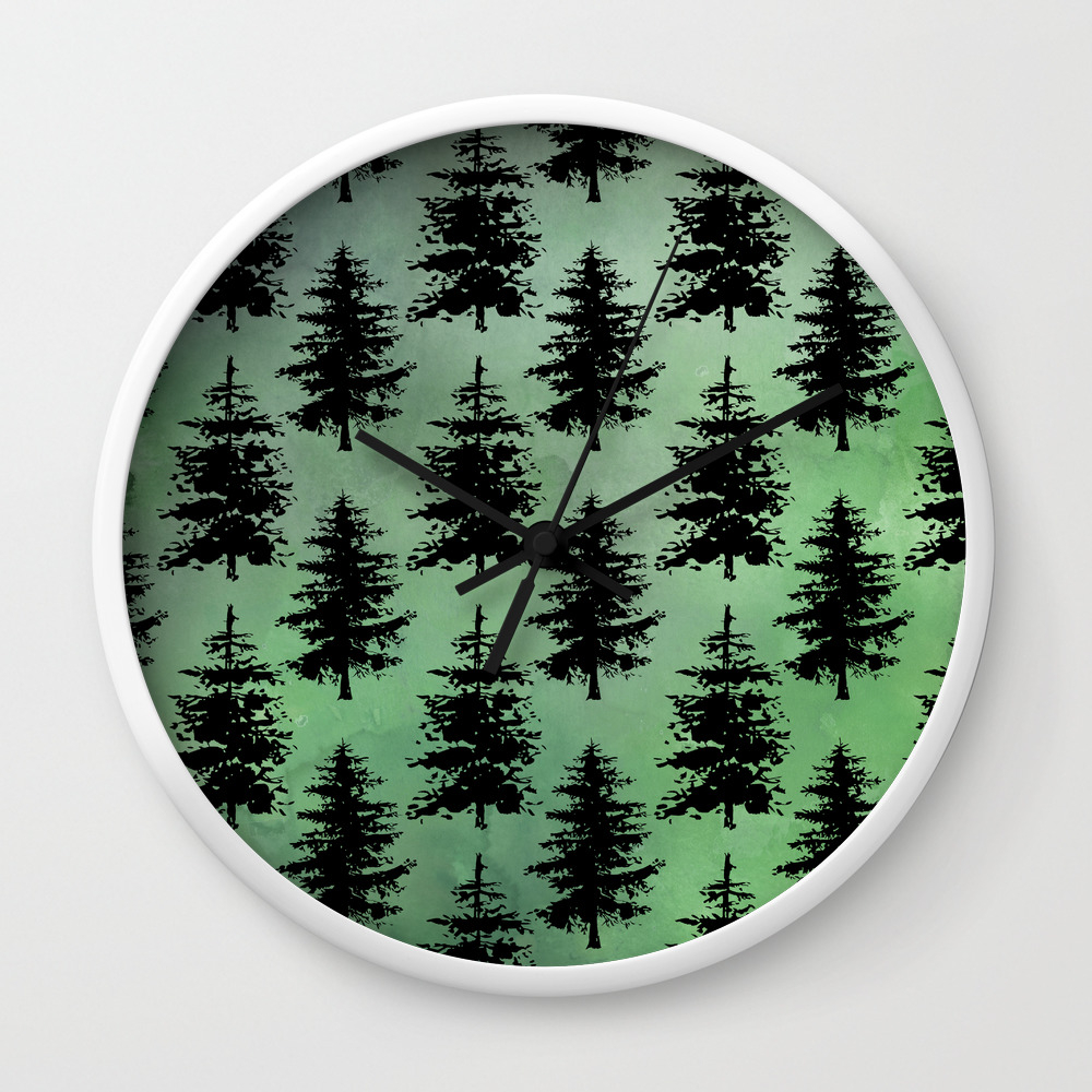 Hand Painted Watercolor Green Black Winter Pine Trees Wall Clock