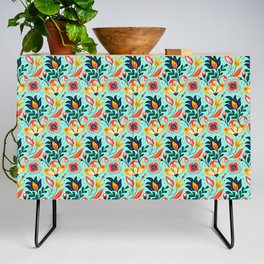 Colorful Floral Pattern On Mint Blue Background Credenza