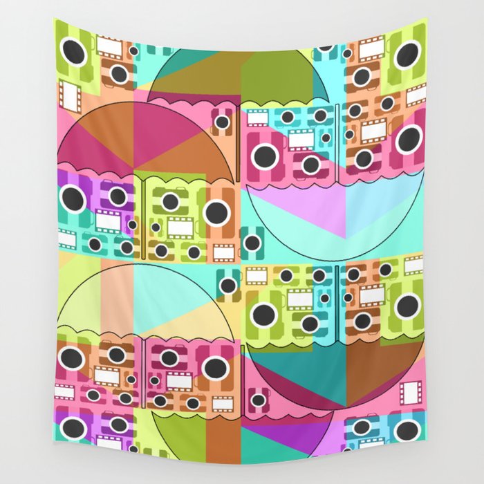 Camera pattern with colorful umbrellas Wall Tapestry