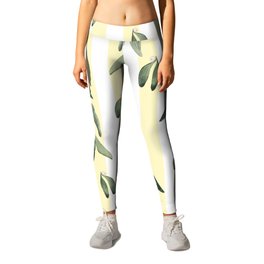 Watercolor Mistletoe Branches on Stripes Pastel Yellow Leggings