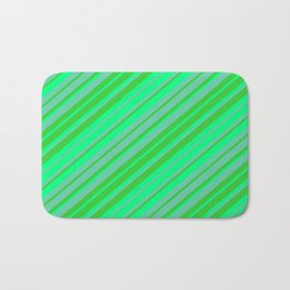 [ Thumbnail: Aquamarine, Lime Green & Green Colored Striped/Lined Pattern Bath Mat ]