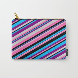 [ Thumbnail: Eyecatching Deep Sky Blue, Purple, Light Grey, Hot Pink, and Black Colored Lined Pattern Carry-All Pouch ]