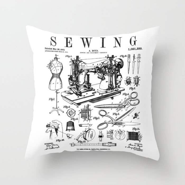 Sewing Machine Quilting Quilter Crafter Vintage Patent Print Throw Pillow
