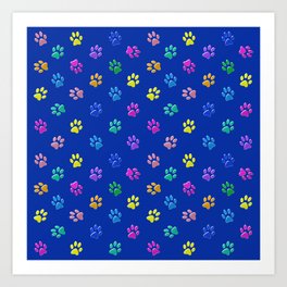 Cute colorful paws for cats and dog lovers on blue Art Print