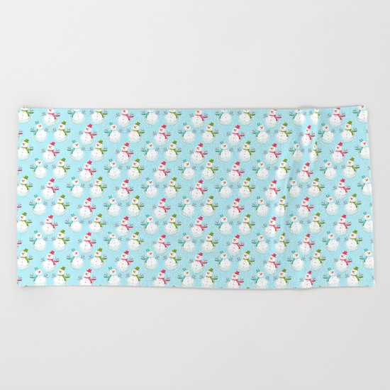 Merry christmas! Beautiful snowman pattern on aqua backround Beach Towel