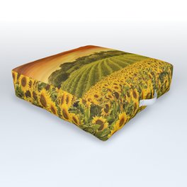 Red sunset over the rolling sunflowers and sunflower fields of Tuscany, Italy Outdoor Floor Cushion