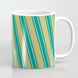 [ Thumbnail: Dark Khaki and Dark Cyan Colored Pattern of Stripes Coffee Mug ]