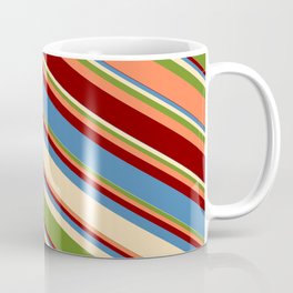 [ Thumbnail: Blue, Beige, Green, Coral, and Maroon Colored Lined Pattern Coffee Mug ]