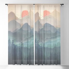 Wilderness Becomes Alive at Night Sheer Curtain | Landscape, Peak, Forest, Gallerywalls, Birds, Curated, Summer, Travel, Sun, Watercolor 