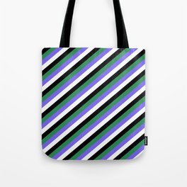 [ Thumbnail: Sea Green, Medium Slate Blue, White & Black Colored Striped/Lined Pattern Tote Bag ]