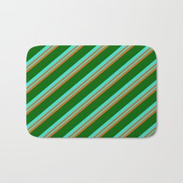 [ Thumbnail: Turquoise, Chocolate & Dark Green Colored Stripes Pattern Bath Mat ]