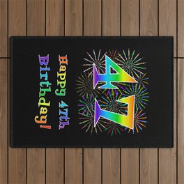 [ Thumbnail: 47th Birthday - Fun Rainbow Spectrum Gradient Pattern Text, Bursting Fireworks Inspired Background Outdoor Rug ]