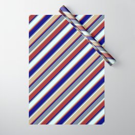 [ Thumbnail: Blue, Light Slate Gray, Light Cyan, Tan & Brown Colored Stripes/Lines Pattern Wrapping Paper ]