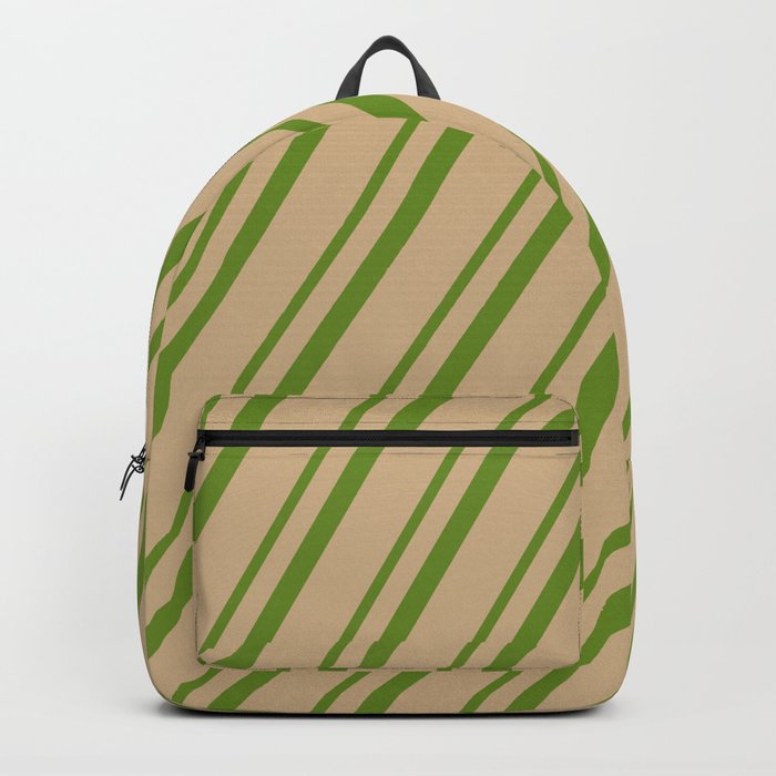 Green & Tan Colored Lined/Striped Pattern Backpack
