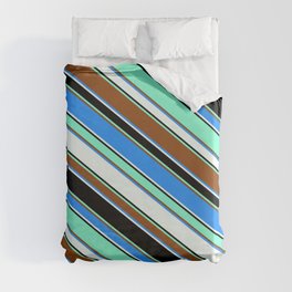 [ Thumbnail: Colorful Brown, Blue, Mint Cream, Black & Aquamarine Colored Striped Pattern Duvet Cover ]