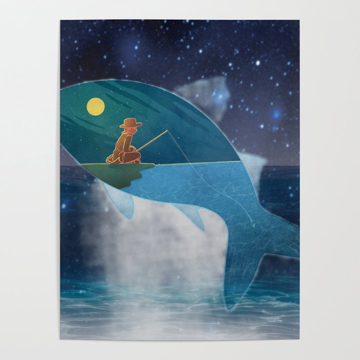 Man fishing in the ocean at night under the moonlight. Poster