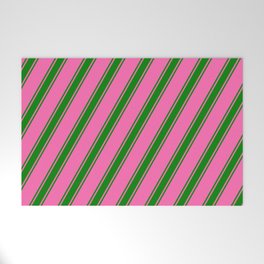 [ Thumbnail: Hot Pink and Green Colored Lined/Striped Pattern Welcome Mat ]