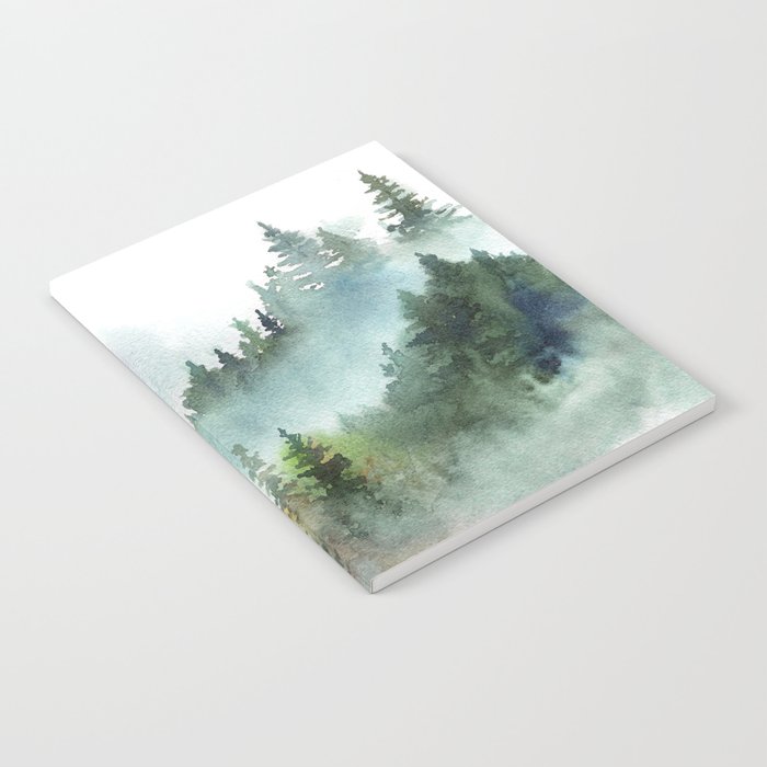 Watercolor Pine Forest Mountains in the Fog Notebook