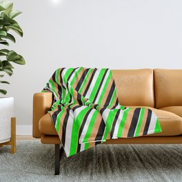 [ Thumbnail: Brown, Black, White & Lime Colored Lined/Striped Pattern Throw Blanket ]