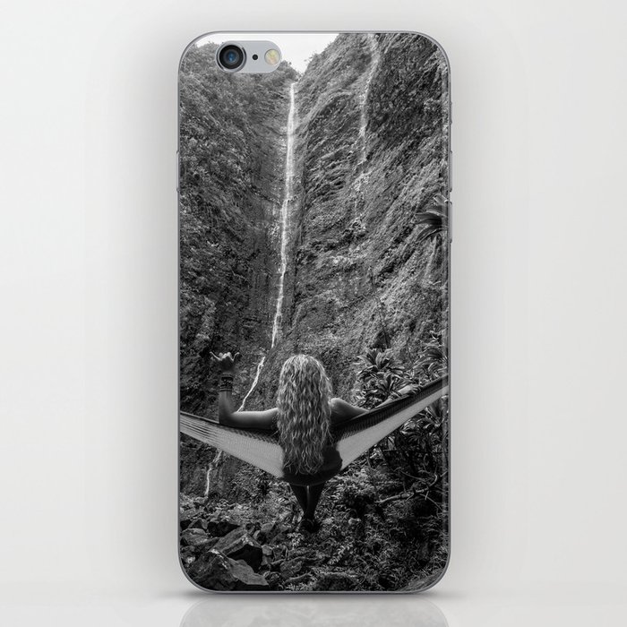 Mahalo; lost in the wilderness amid the waterfalls and tropics; blond female taking in the island natural sights black and white photograph - photography - photographs iPhone Skin