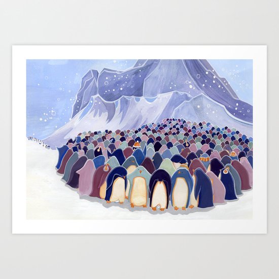 Huddling Penguins Art Print