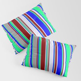 [ Thumbnail: Green, Blue, Lavender, Dark Red, and Dark Gray Colored Stripes Pattern Pillow Sham ]