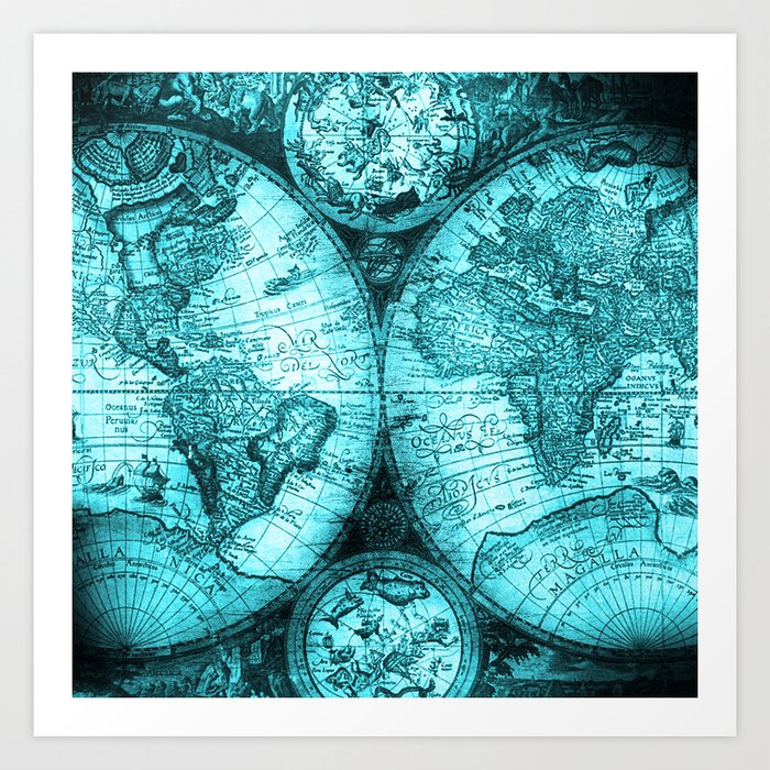 Turquoise Antique World Map Art Print