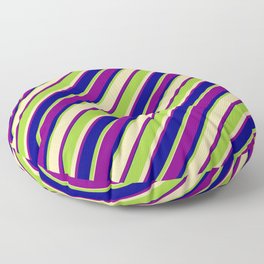 [ Thumbnail: Green, Tan, Purple & Blue Colored Lined Pattern Floor Pillow ]