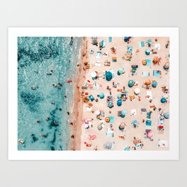Ocean Print, Pastel Beach, Aerial Print, Beach Print, Aerial Beach Wall Art Print, Beach Photography, Summer Vibes, People Beach Umbrellas Art Art Print