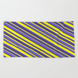 [ Thumbnail: Yellow, Slate Blue, and Dark Slate Blue Colored Lined/Striped Pattern Beach Towel ]