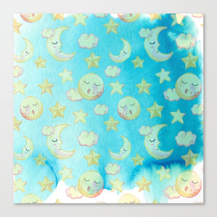 Blue yellow pink watercolor starry moon sun Canvas Print